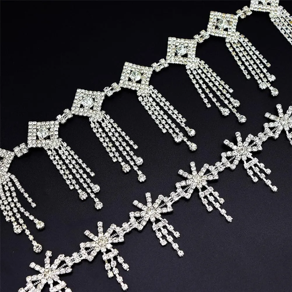 1 Yard Rhinestone Trim Fringe Flower Butterfly Bridal Trim Clear Stone Diamante Sewing Applique Patch for Wedding Bridal Belt Prom Sashes