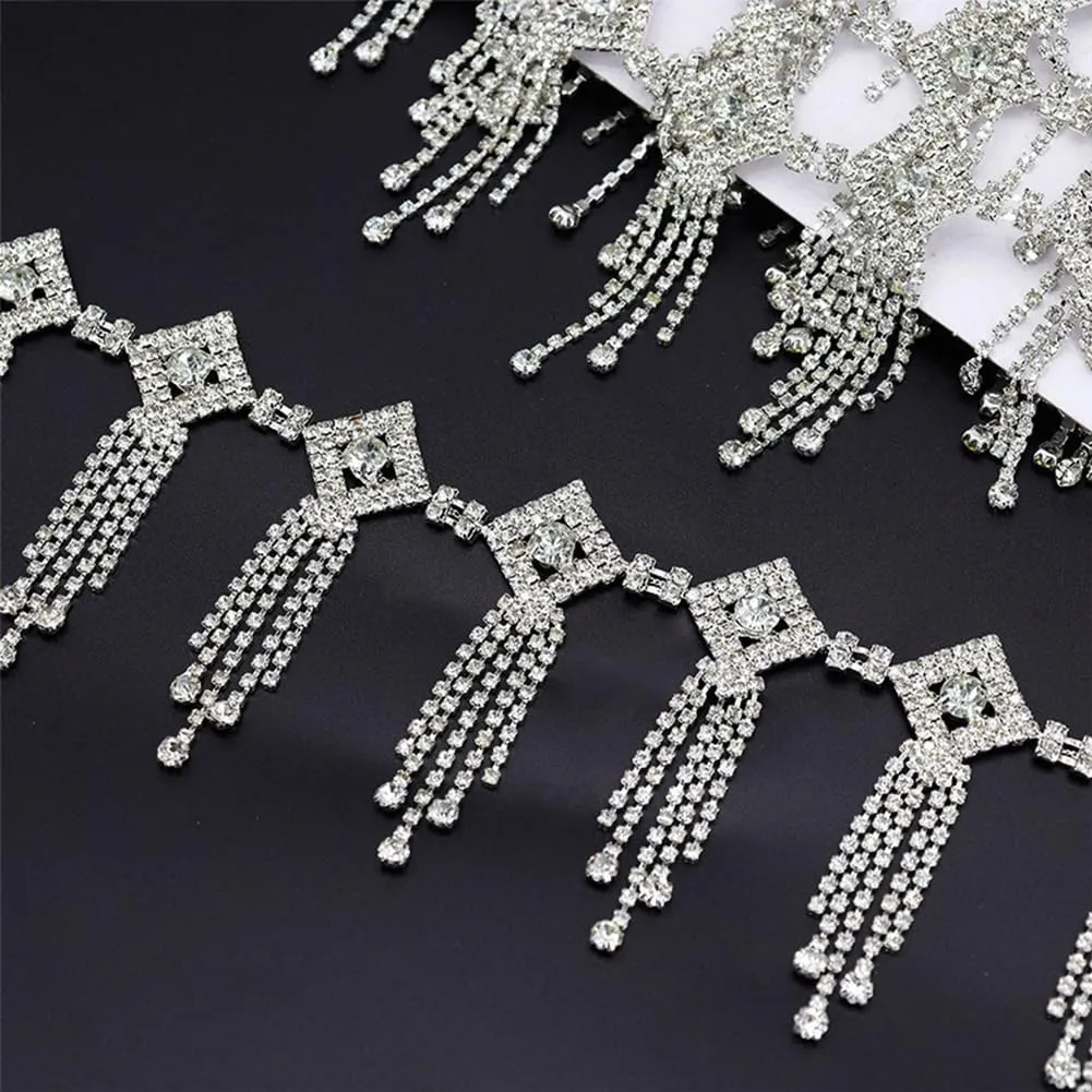 1 Yard Rhinestone Trim Fringe Flower Butterfly Bridal Trim Clear Stone Diamante Sewing Applique Patch for Wedding Bridal Belt Prom Sashes