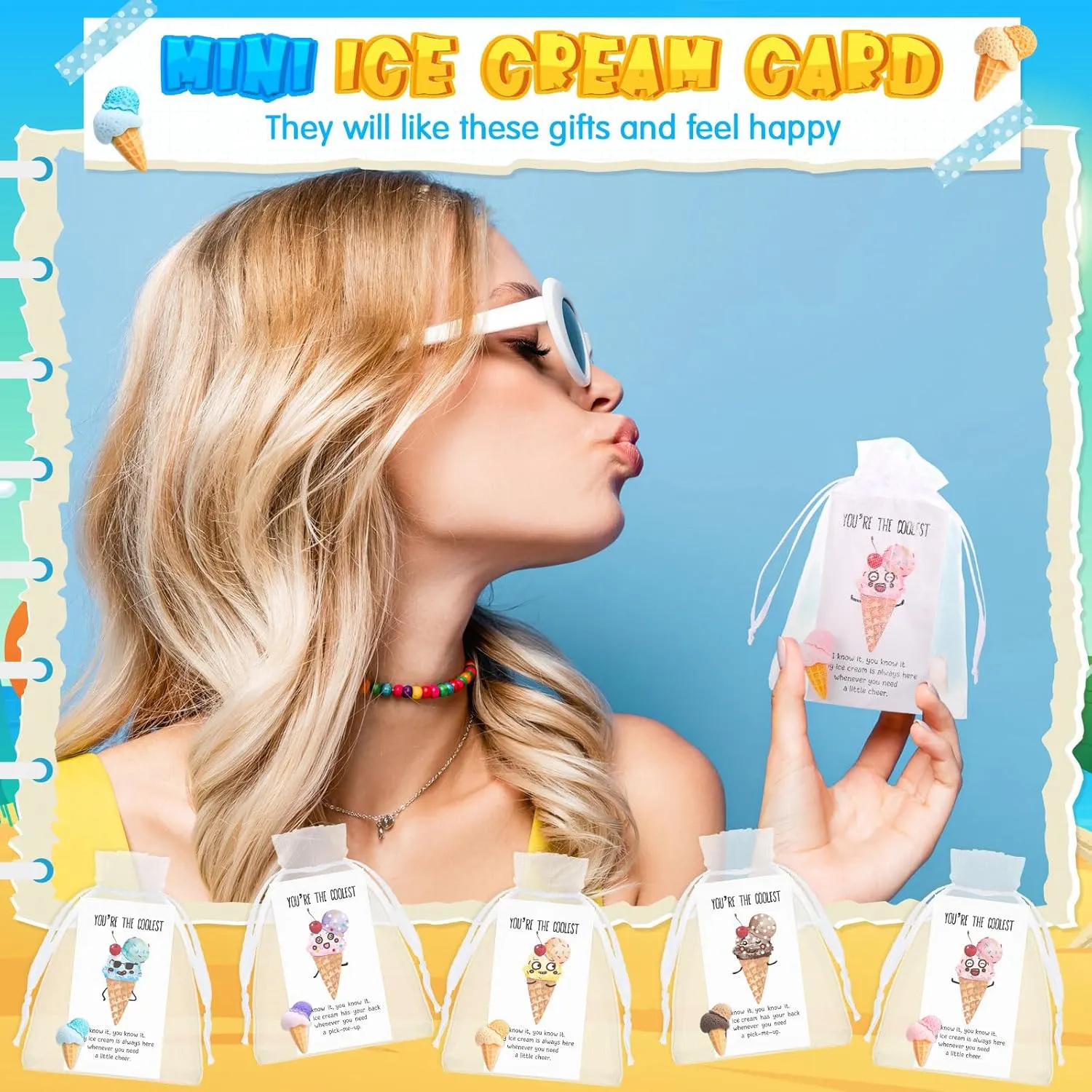 100 Set Ice Cream Party Favors Cute Resin Ice Cream Goodie Bags Birthday Party Decorations with You're the Coolest Card and Organza Gifts Bags for Appreciation Gifts