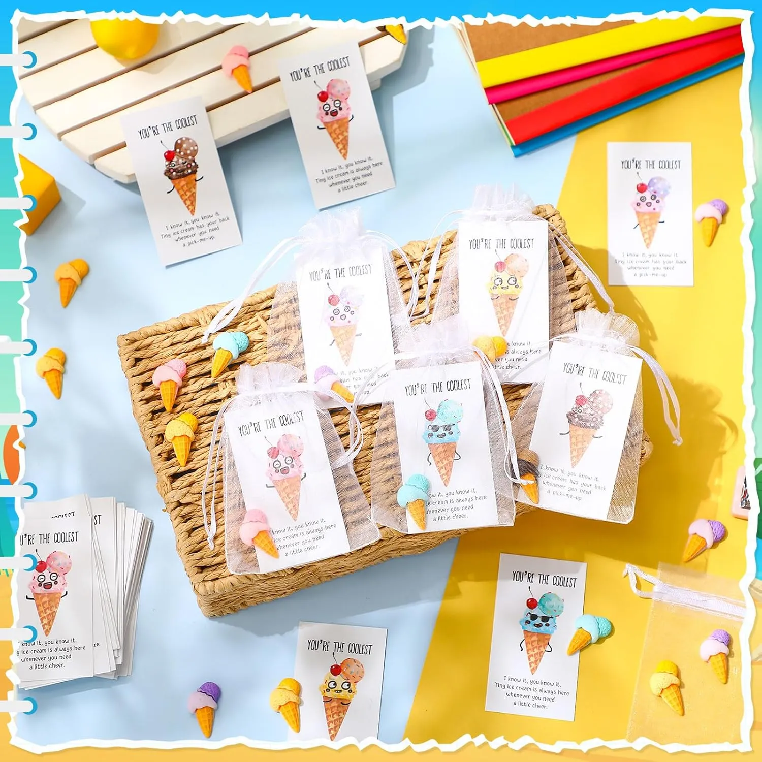 100 Set Ice Cream Party Favors Cute Resin Ice Cream Goodie Bags Birthday Party Decorations with You're the Coolest Card and Organza Gifts Bags for Appreciation Gifts