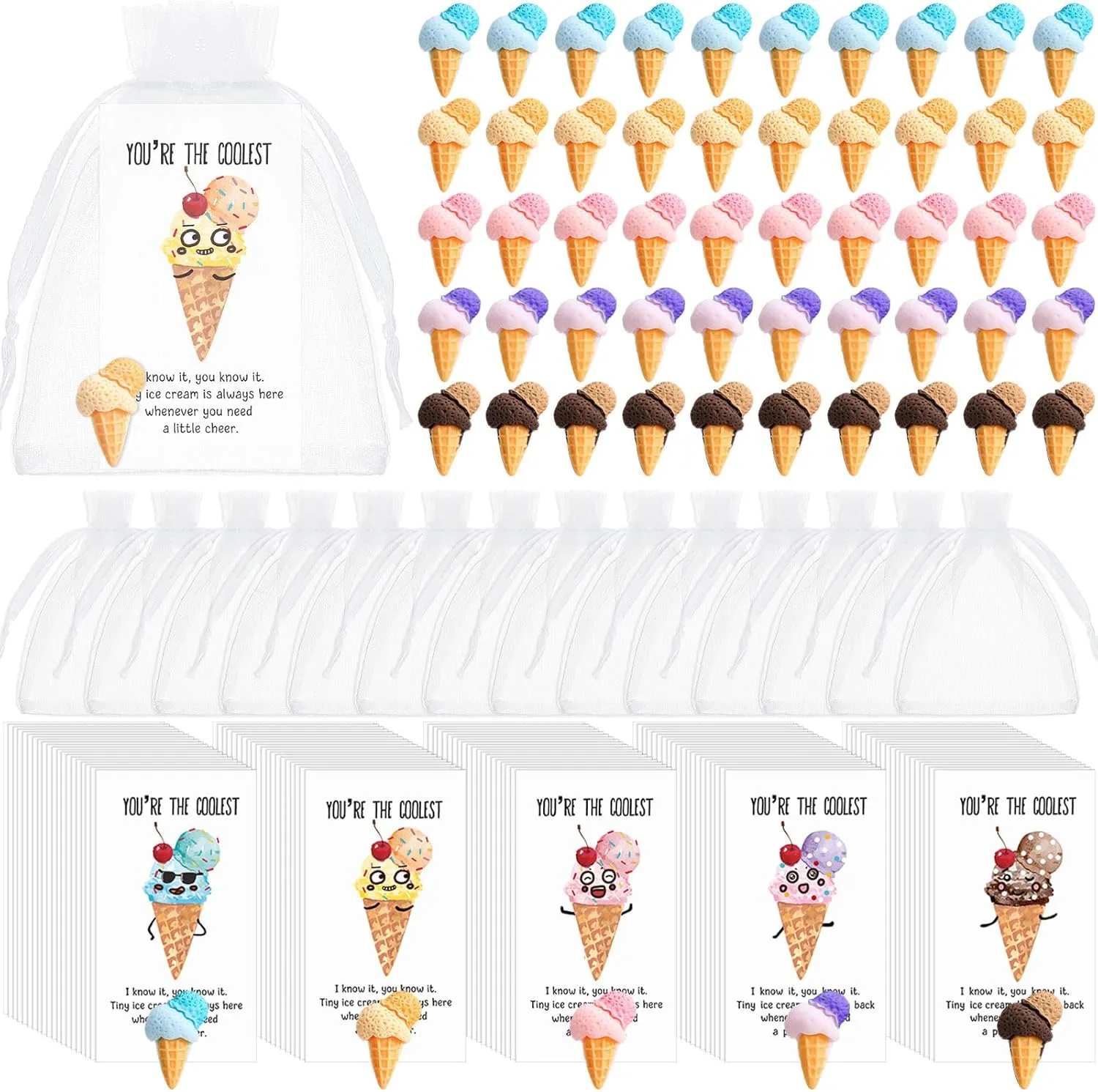 100 Set Ice Cream Party Favors Cute Resin Ice Cream Goodie Bags Birthday Party Decorations with You're the Coolest Card and Organza Gifts Bags for Appreciation Gifts