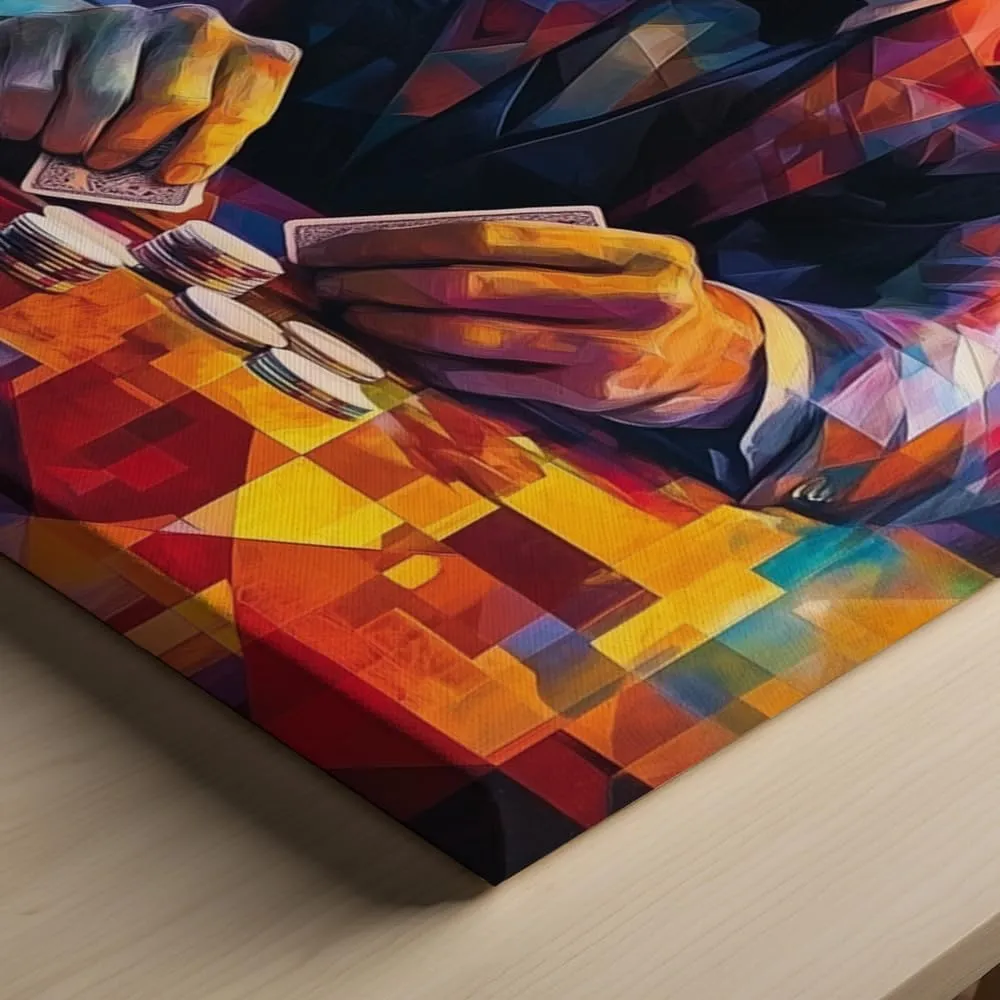 (11 x 14 x 1.25 IN) Gallery Wrapped Canvas Wall Art Print of Futurism Poster: Player shuffling a deck of cards at a vintage poker lounge - 100% Cotton, Ready to Hang, High-Definitio - 925UNCAh568720WH