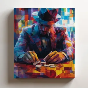 (11 x 14 x 1.25 IN) Gallery Wrapped Canvas Wall Art Print of Futurism Poster: Player shuffling a deck of cards at a vintage poker lounge - 100% Cotton, Ready to Hang, High-Definitio - 925UNCAh568720WH