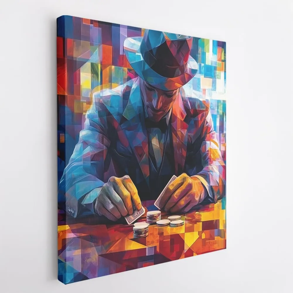 (11 x 14 x 1.25 IN) Gallery Wrapped Canvas Wall Art Print of Futurism Poster: Player shuffling a deck of cards at a vintage poker lounge - 100% Cotton, Ready to Hang, High-Definitio - 925UNCAh568720WH