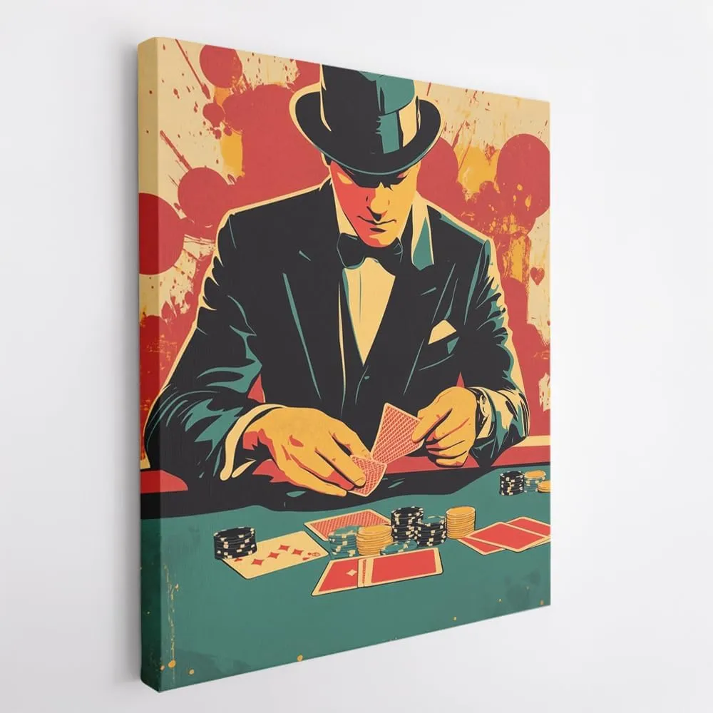 (11 x 14 x 1.25 IN) Gallery Wrapped Canvas Wall Art Print of Pop Art Poster: Player shuffling a deck of cards at a vintage poker lounge - 100% Cotton, Ready to Hang, High-Definition - 925UNCAh571820WH