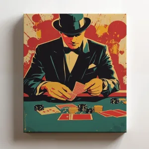 (11 x 14 x 1.25 IN) Gallery Wrapped Canvas Wall Art Print of Pop Art Poster: Player shuffling a deck of cards at a vintage poker lounge - 100% Cotton, Ready to Hang, High-Definition - 925UNCAh571820WH