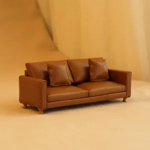 1:12 Dollhouse Miniature PU Sofa – Handmade Faux Leather Couch with Cushions, Modern Style Mini Furniture for BJD Ob11 Room Scene Decor (Brown)