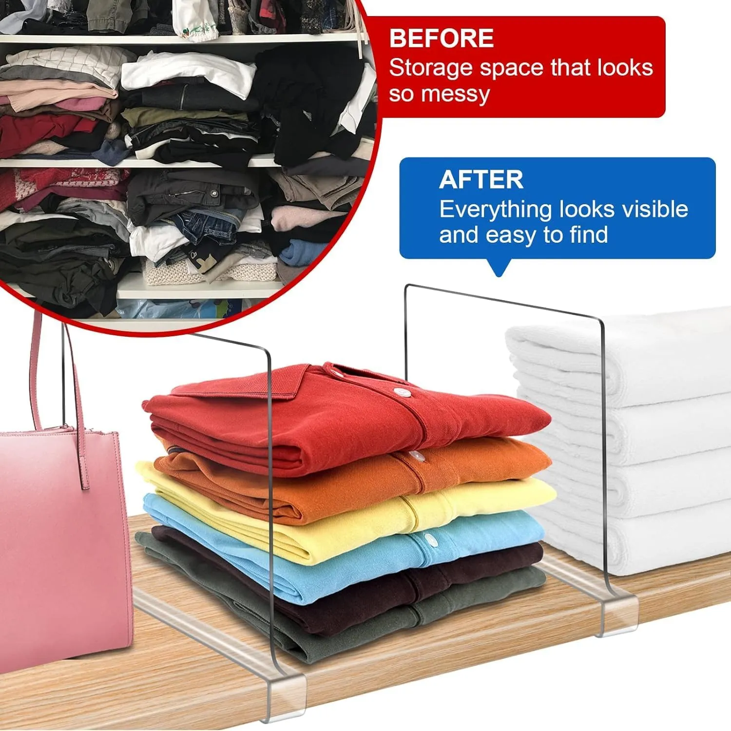 12 Inches Tall [Extra Tall Version] Shelf Dividers for Closet Organization and Storage, 8 Pack Purse Organizer for Closet Acrylic Bookshelf for Organization, Perfect for Sweater Shirts Handbags
