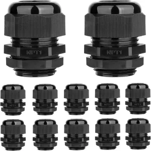 12 Pack 1'' NPT Cable Gland Waterproof Adjustable 18.5-25mm/0.73-0.98inch Nylon Cable Glands Joints with Gaskets (1", 12 Pack)