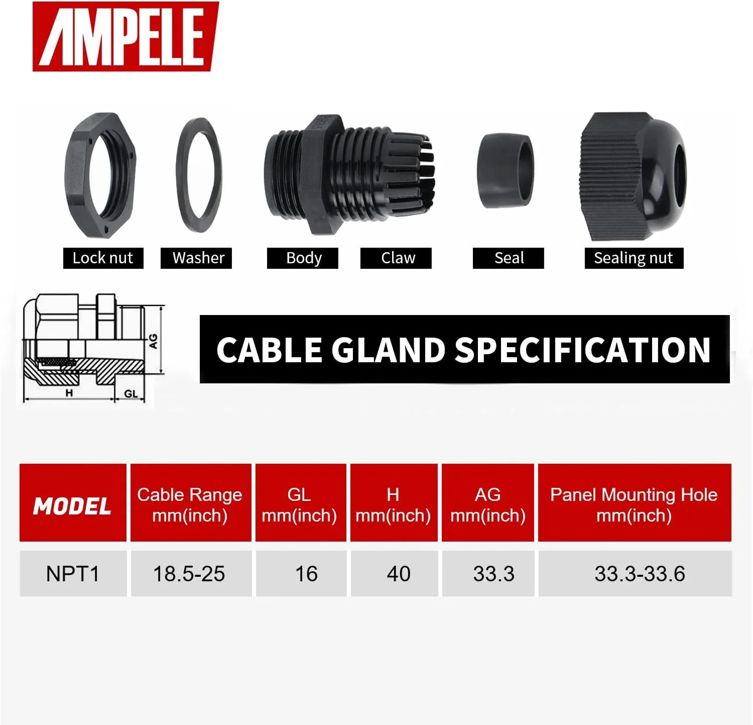 12 Pack 1'' NPT Cable Gland Waterproof Adjustable 18.5-25mm/0.73-0.98inch Nylon Cable Glands Joints with Gaskets (1", 12 Pack)