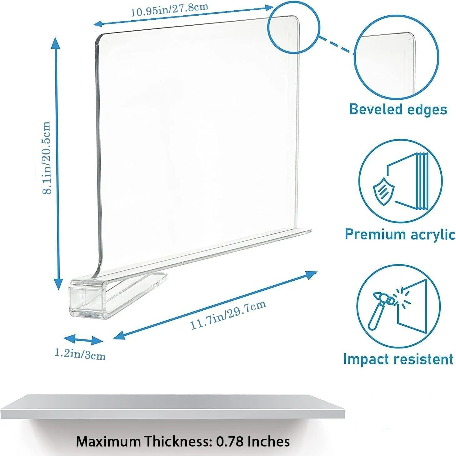 12 Pack Acrylic Shelf Dividers for Closet Organization, 11.7 x 8.1 Inch Clear Closet Dividers for Wooden Shelving, Closet Shelf Divider Organizer for Clothes, Book, Hats and Handbags in Bedroom
