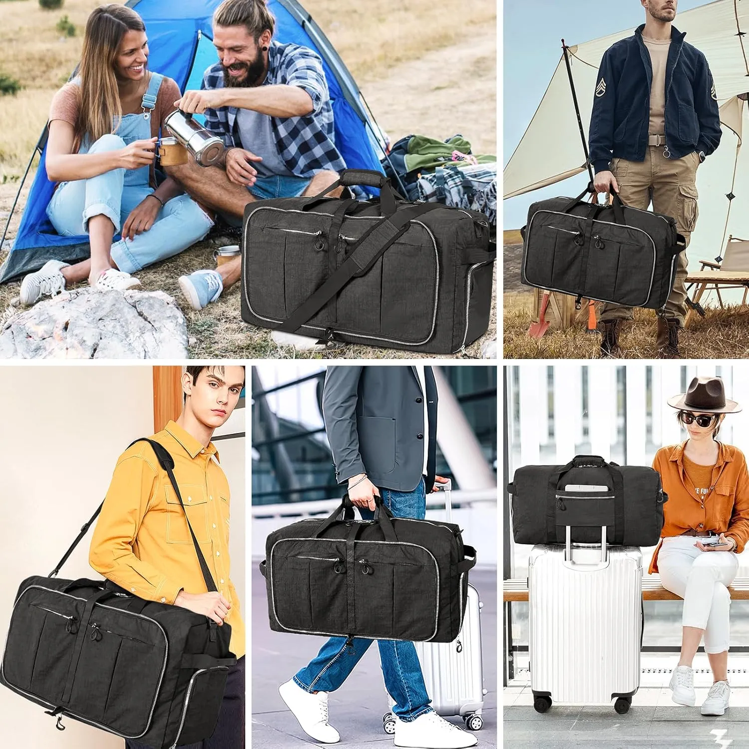 120L Foldable Nylon Duffle Bag, Waterproof Extra Large Travel Bag with Thicken Bottom, Black