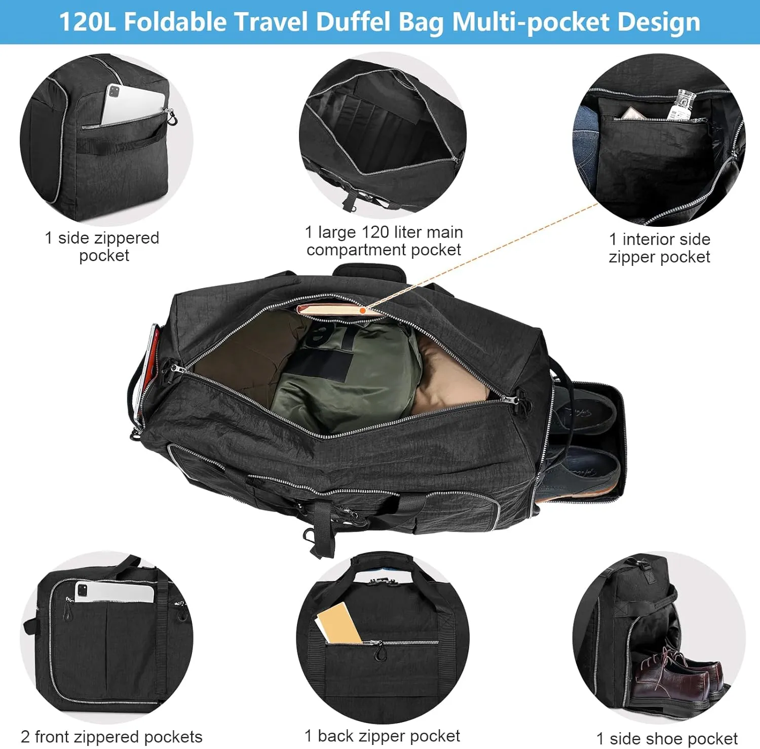 120L Foldable Nylon Duffle Bag, Waterproof Extra Large Travel Bag with Thicken Bottom, Black