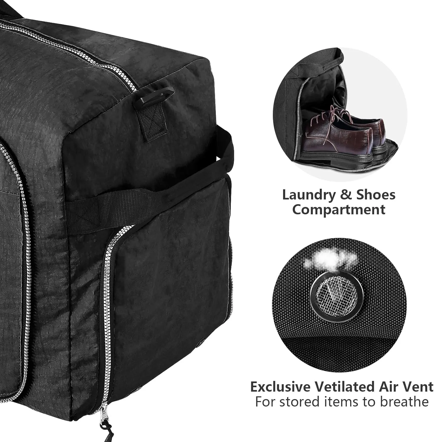 120L Foldable Nylon Duffle Bag, Waterproof Extra Large Travel Bag with Thicken Bottom, Black