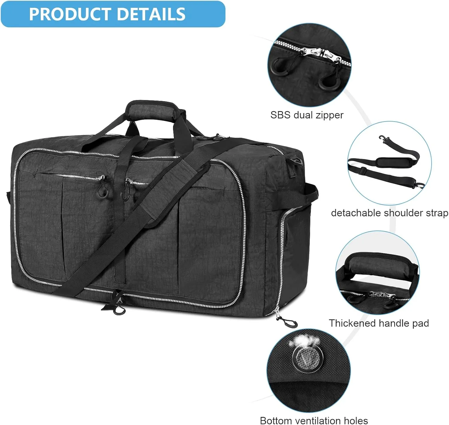 120L Foldable Nylon Duffle Bag, Waterproof Extra Large Travel Bag with Thicken Bottom, Black