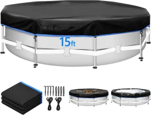 15FT Round Solar Pool Cover for Above Ground Pools,Heavy-Duty 600D Windproof Swimming Pool Cover with Crisscross Elastic Ropes and Reinforced Edges for All-Weather Protection,Tear Resistant