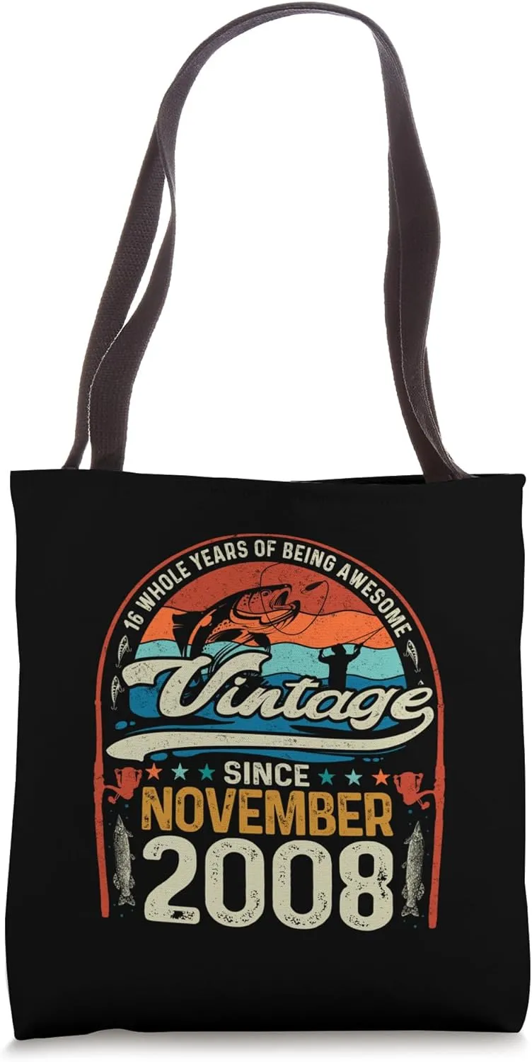 16 Year Old Fishing Lover 16th Birthday Born November 2008 Tote Bag