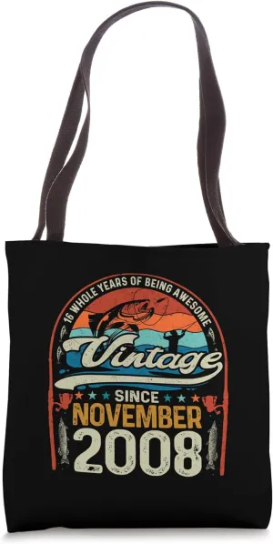 16 Year Old Fishing Lover 16th Birthday Born November 2008 Tote Bag