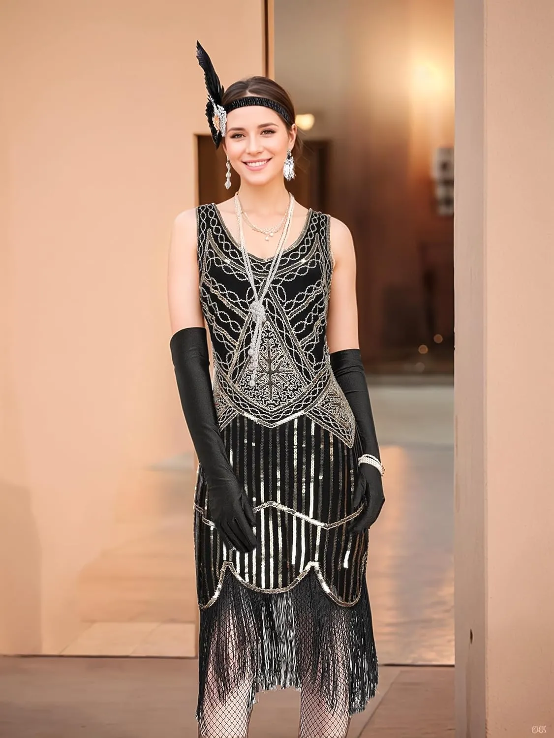 1920s Gatsby Sequin Fringed Paisley Flapper Dress with 20s Accessories Set