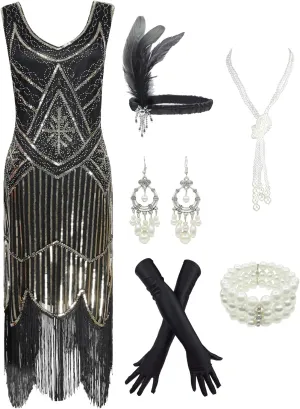 1920s Gatsby Sequin Fringed Paisley Flapper Dress with 20s Accessories Set
