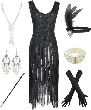 1920s Gatsby Sequin Fringed Paisley Flapper Dress with 20s Accessories Set