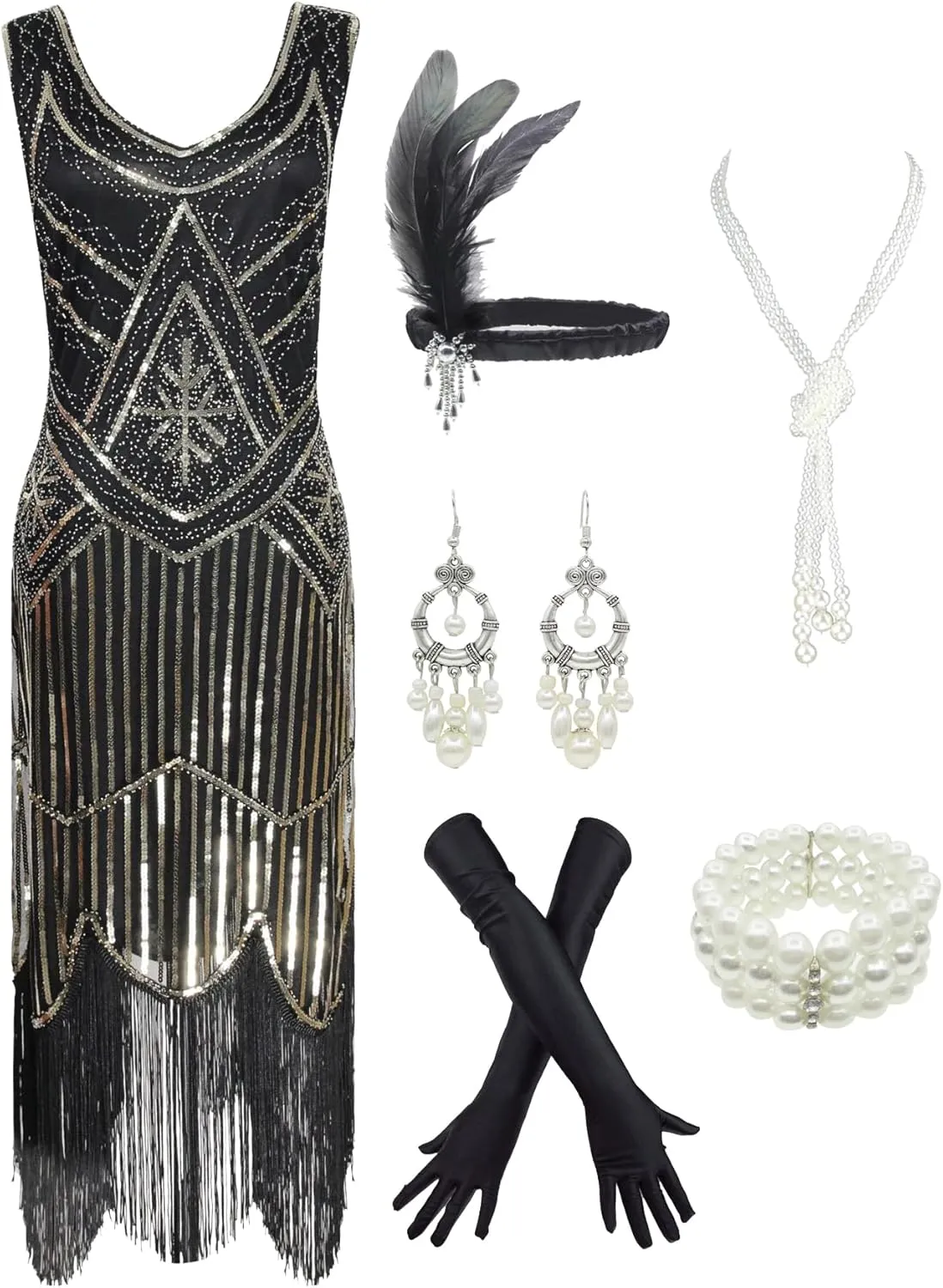 1920s Gatsby Sequin Fringed Paisley Flapper Dress with 20s Accessories Set