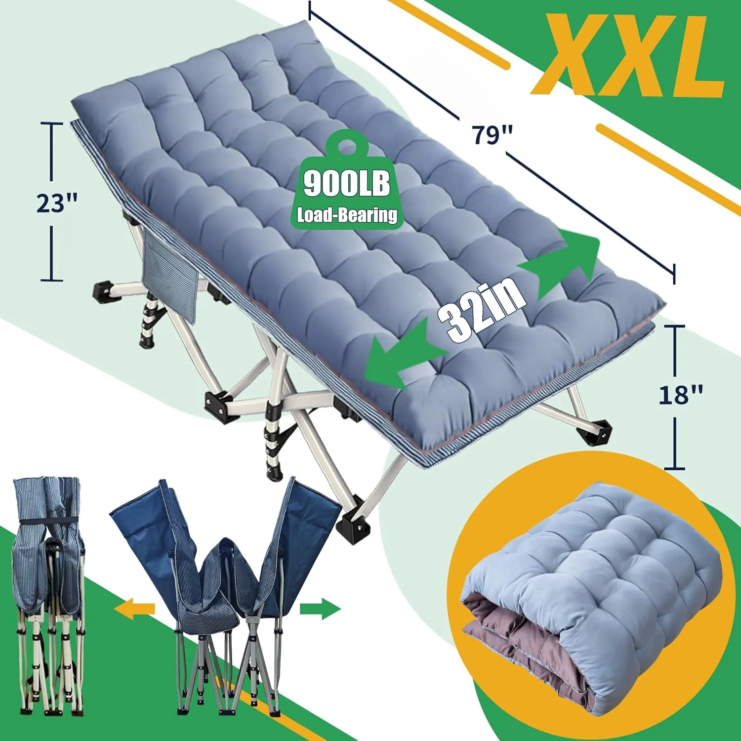 2 Pack XXL 32 Inches Camping Cot with Mattress Extra Large Width Oversize Folding Cot Heavy Duty Comfortable Cots for Sleeping Guest Bed with Carry Bag Easy to Set-up for Home Indoor Outdoor