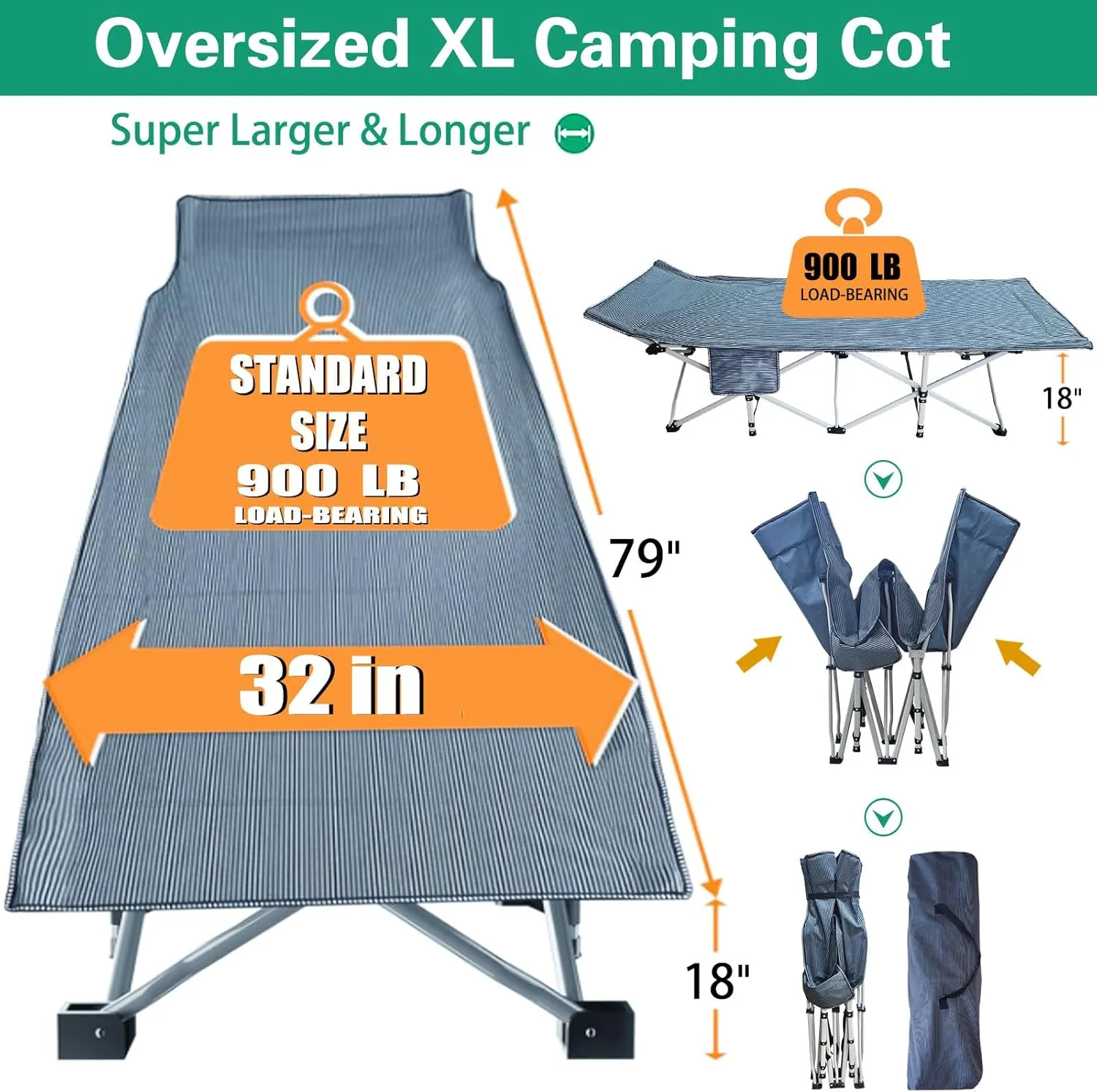 2 Pack XXL 32 Inches Camping Cot with Mattress Extra Large Width Oversize Folding Cot Heavy Duty Comfortable Cots for Sleeping Guest Bed with Carry Bag Easy to Set-up for Home Indoor Outdoor