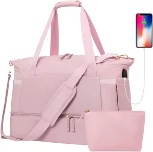 2 Pcs Gym Bag, Travel Bags Waterproof Wet Dry Separation Large Capacity Messenger Bag with Shoe Compartment and Odor Vents USB Charging Interface Yoga Gym Bag Duffel Bag Pink