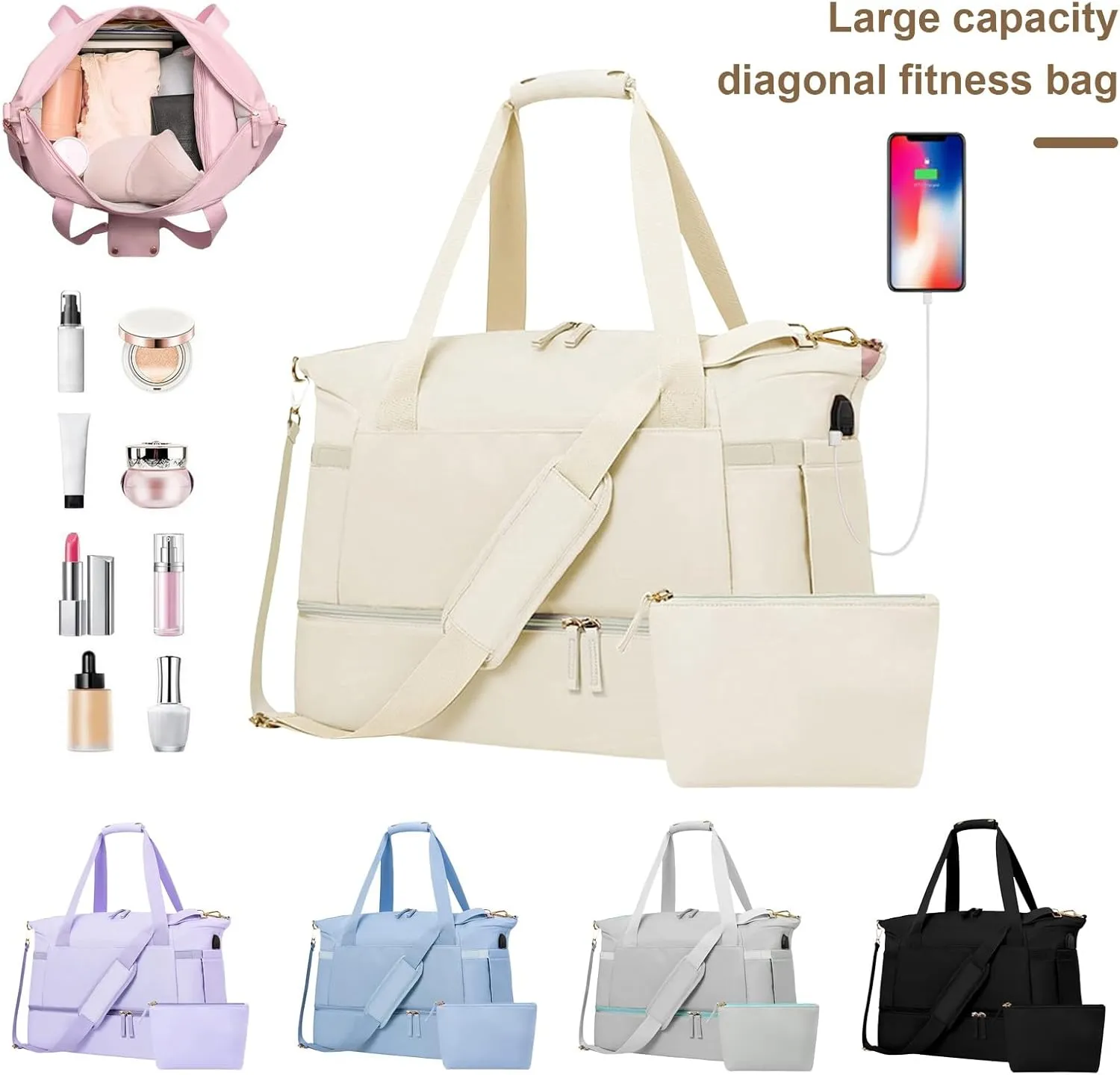 2 Pcs Gym Bag, Travel Bags Waterproof Wet Dry Separation Large Capacity Messenger Bag with Shoe Compartment and Odor Vents USB Charging Interface Yoga Gym Bag Duffel Bag Pink