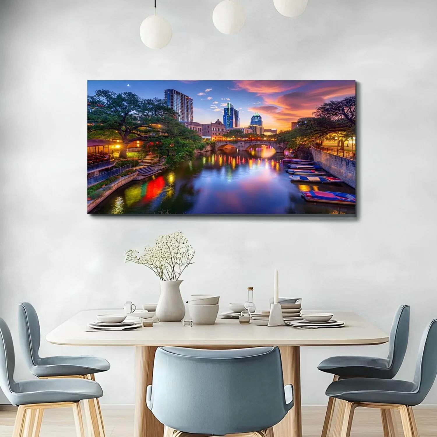 20"x 40" Large Wall Art River walk San Antonio city downtown skyline cityscape Texas Painting Picture Print on Canvas Wall Art for Living Room Bedroom Modern Home Wall Decor Framed Artwork