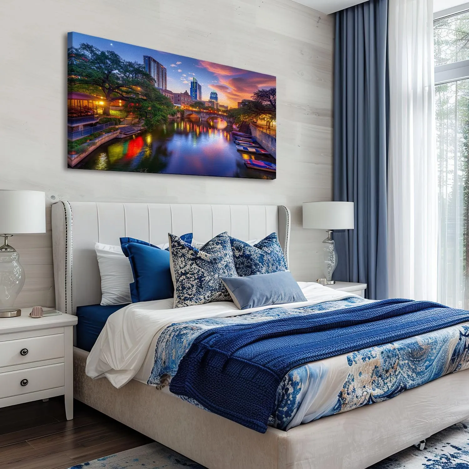 20"x 40" Large Wall Art River walk San Antonio city downtown skyline cityscape Texas Painting Picture Print on Canvas Wall Art for Living Room Bedroom Modern Home Wall Decor Framed Artwork