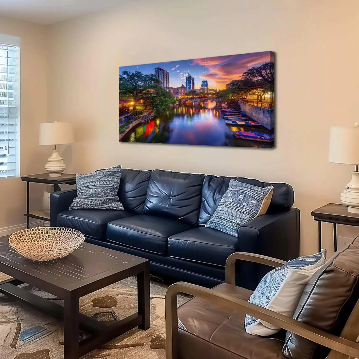 20"x 40" Large Wall Art River walk San Antonio city downtown skyline cityscape Texas Painting Picture Print on Canvas Wall Art for Living Room Bedroom Modern Home Wall Decor Framed Artwork