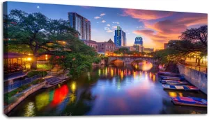 20"x 40" Large Wall Art River walk San Antonio city downtown skyline cityscape Texas Painting Picture Print on Canvas Wall Art for Living Room Bedroom Modern Home Wall Decor Framed Artwork