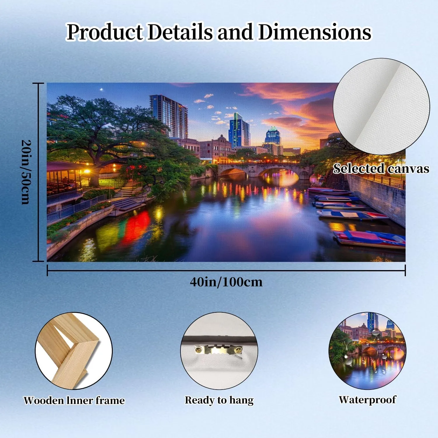 20"x 40" Large Wall Art River walk San Antonio city downtown skyline cityscape Texas Painting Picture Print on Canvas Wall Art for Living Room Bedroom Modern Home Wall Decor Framed Artwork