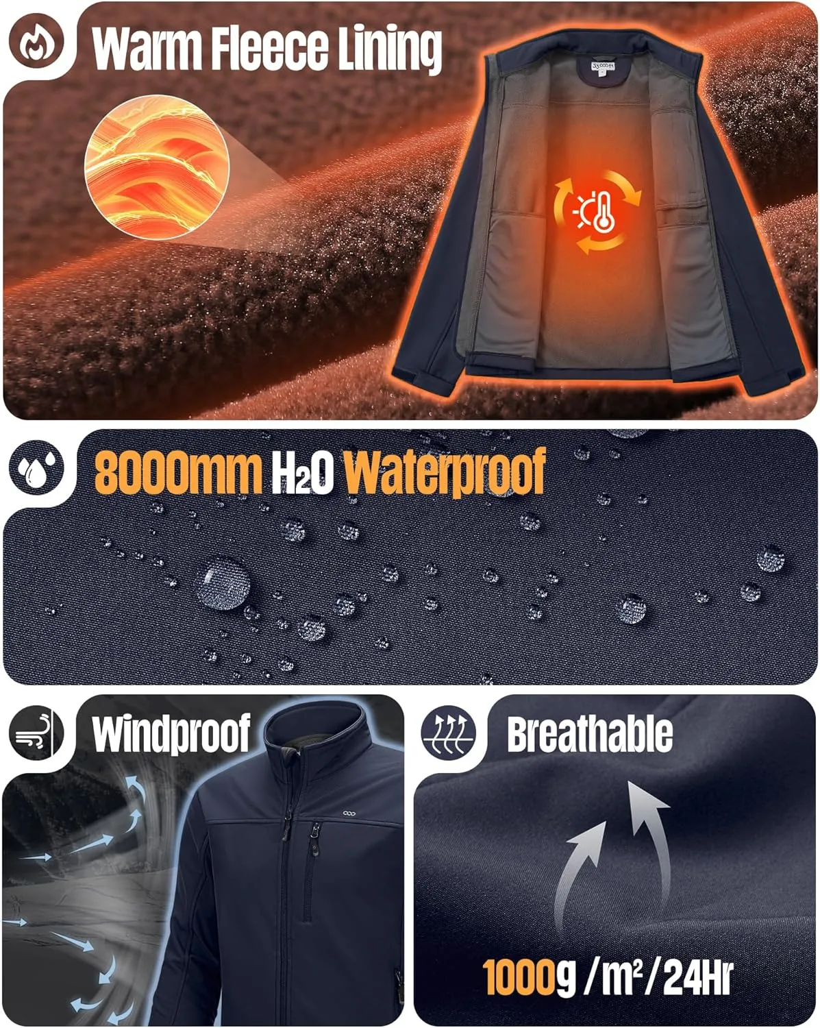 33,000ft Men's Waterproof Softshell Jacket Warm Fleece Lined Windbreaker Lightweight Soft Shell for Travel Hiking Golf