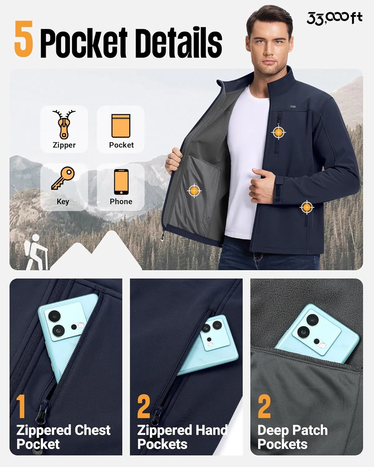 33,000ft Men's Waterproof Softshell Jacket Warm Fleece Lined Windbreaker Lightweight Soft Shell for Travel Hiking Golf