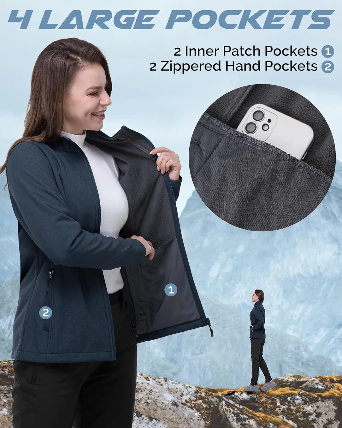 33,000ft Women's Lightweight Softshell Jacket Fleece Lined Windbreaker Waterproof Warm Jacket for Running Golf Hiking