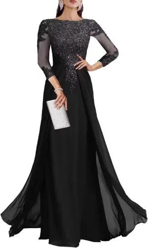 3/4 Sleeve Mother of The Bride Dresses for Wedding Sequin Lace Formal Maxi Gowns Chiffon Evening Dresses