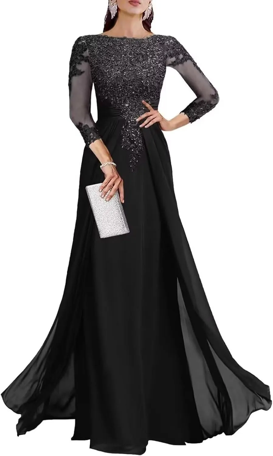 3/4 Sleeve Mother of The Bride Dresses for Wedding Sequin Lace Formal Maxi Gowns Chiffon Evening Dresses