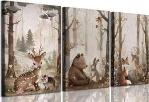3Pcs Woodland Nursery Canvas Wall Art Cute Neutral Vintage Forest Wild Animals Bear Deer Fox Landscape Watercolor Painting Picture Wall Decor Poster Print Artwork for Baby Kids Room