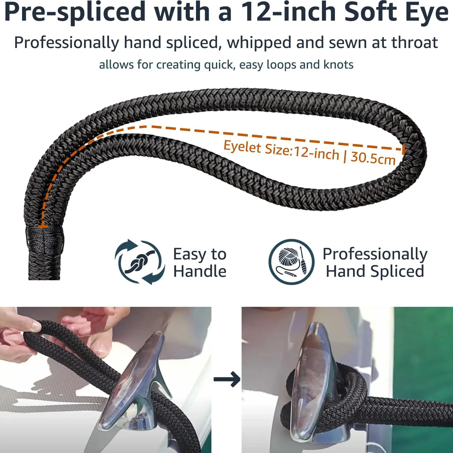 4 Pack 1/2" x 25' Dock Lines - Marine Grade Nylon Boat Rope with 12" Loop for Docking and Mooring - Double Braided Boat Lines, High Strength, Easy Handling, Fray Resistant - Black