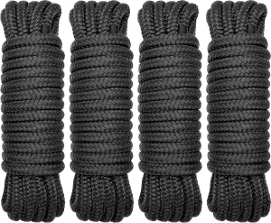 4 Pack 1/2" x 25' Dock Lines - Marine Grade Nylon Boat Rope with 12" Loop for Docking and Mooring - Double Braided Boat Lines, High Strength, Easy Handling, Fray Resistant - Black