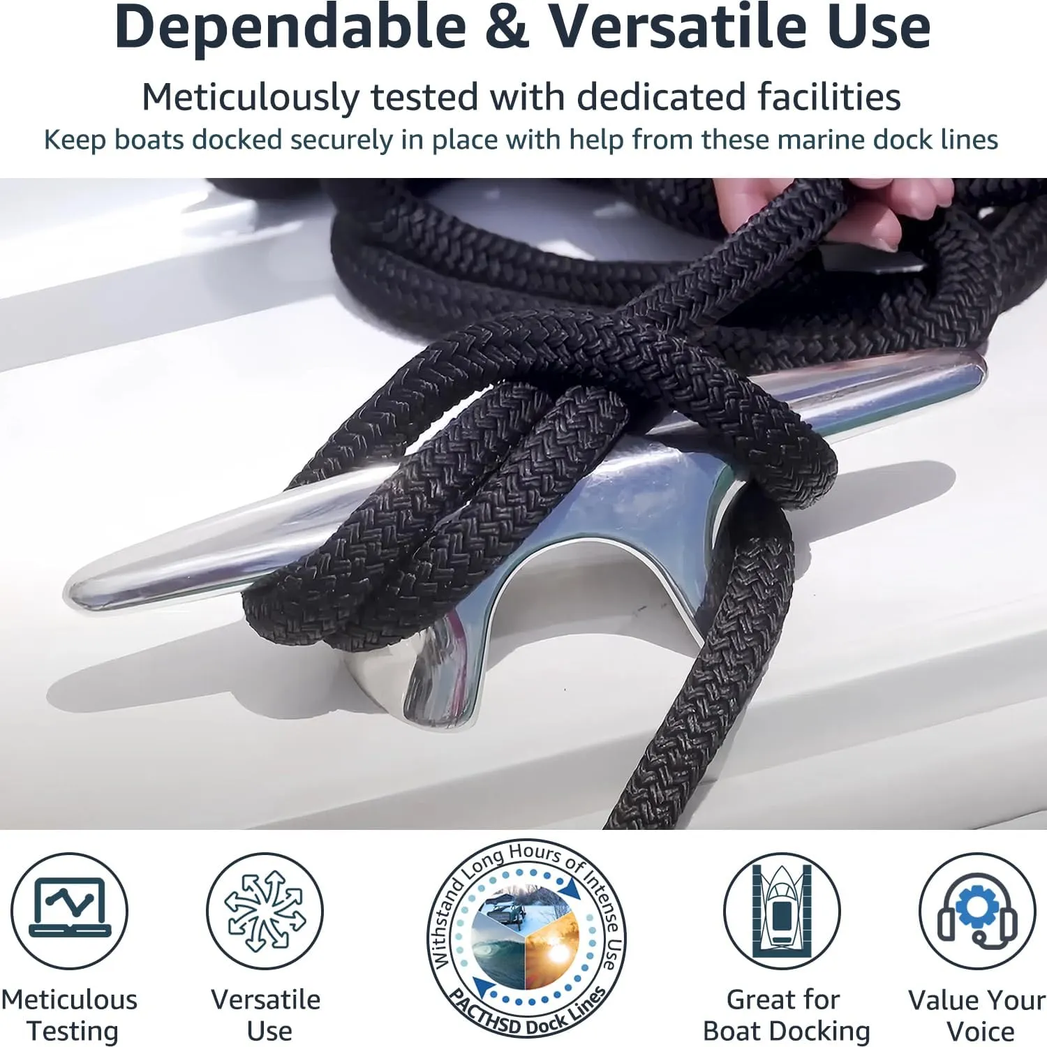 4 Pack 1/2" x 25' Dock Lines - Marine Grade Nylon Boat Rope with 12" Loop for Docking and Mooring - Double Braided Boat Lines, High Strength, Easy Handling, Fray Resistant - Black
