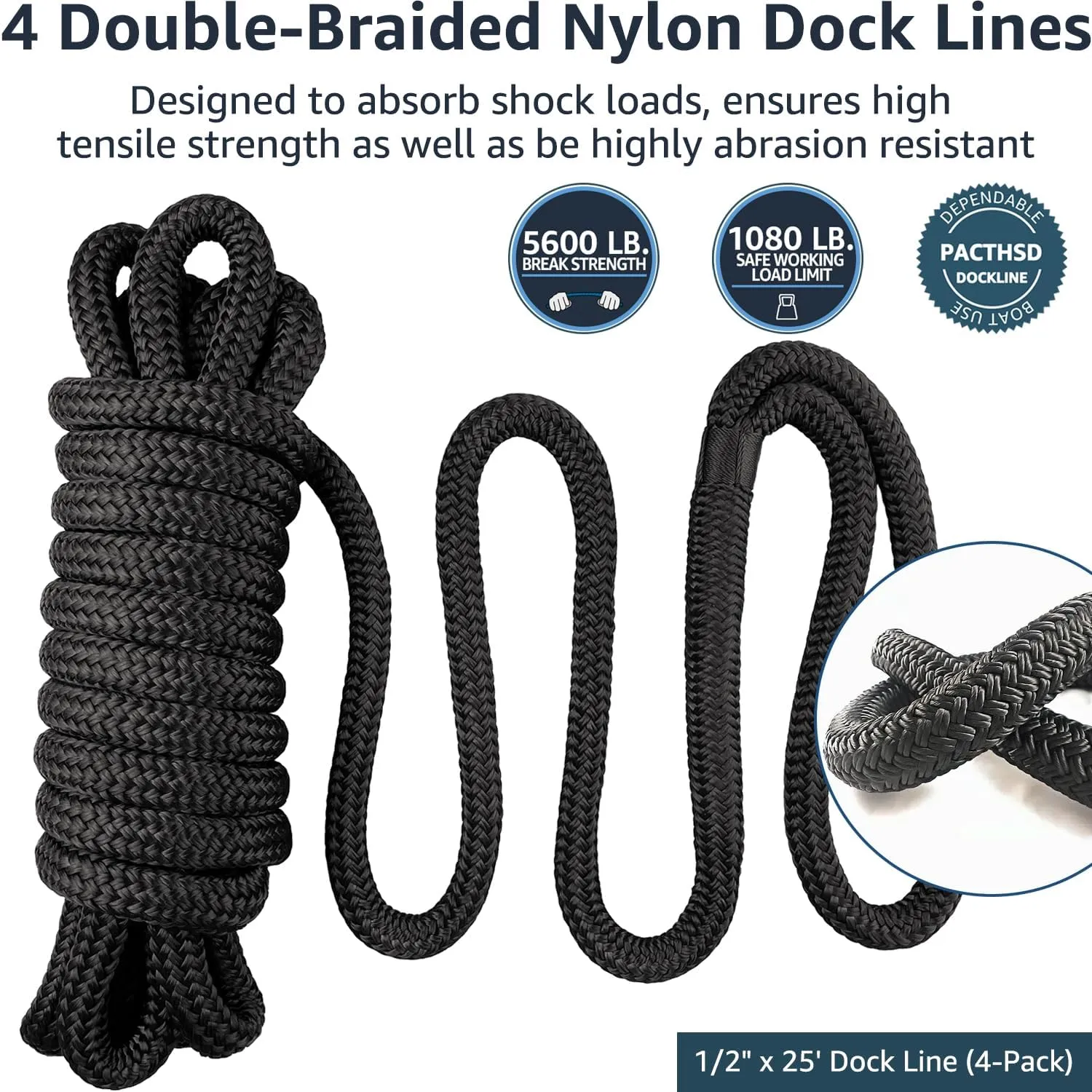 4 Pack 1/2" x 25' Dock Lines - Marine Grade Nylon Boat Rope with 12" Loop for Docking and Mooring - Double Braided Boat Lines, High Strength, Easy Handling, Fray Resistant - Black