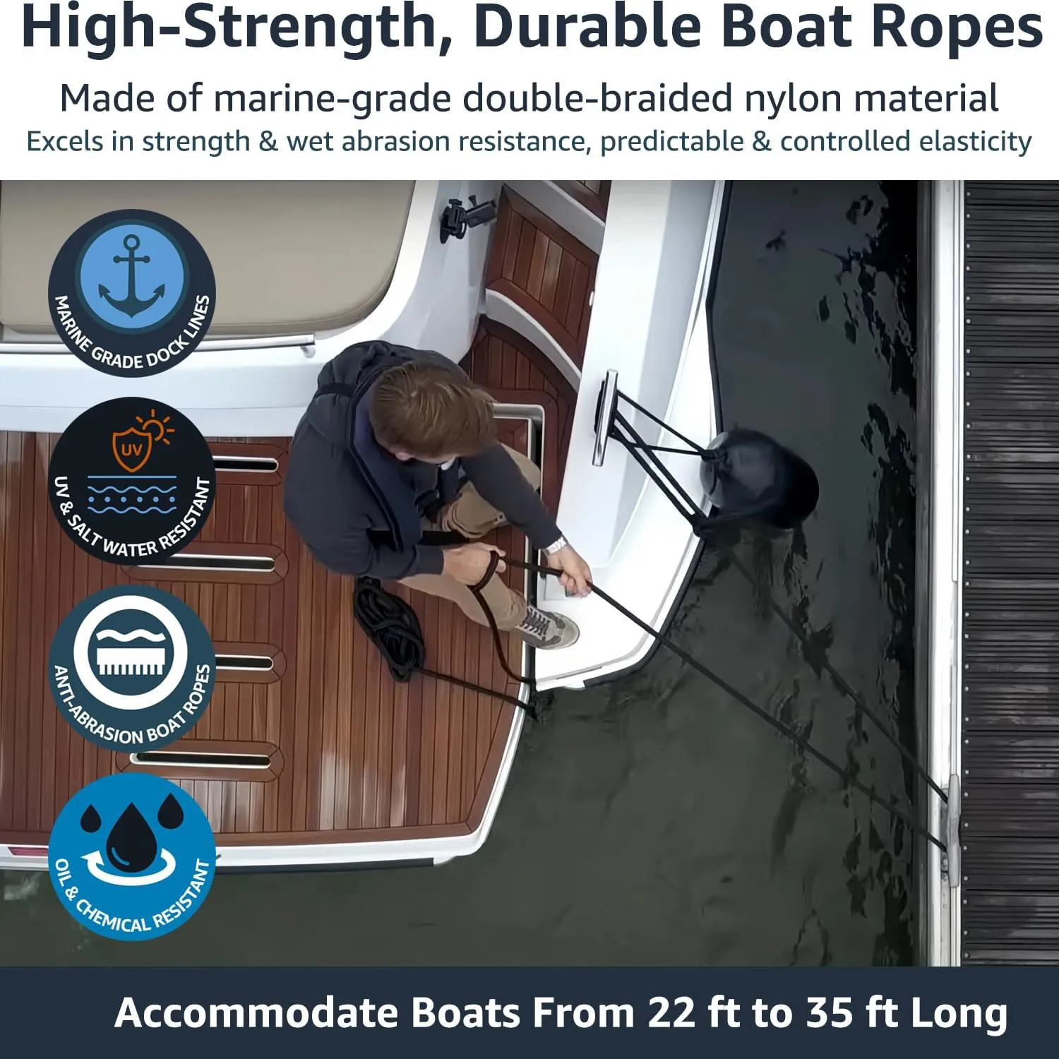 4 Pack 1/2" x 25' Dock Lines - Marine Grade Nylon Boat Rope with 12" Loop for Docking and Mooring - Double Braided Boat Lines, High Strength, Easy Handling, Fray Resistant - Black