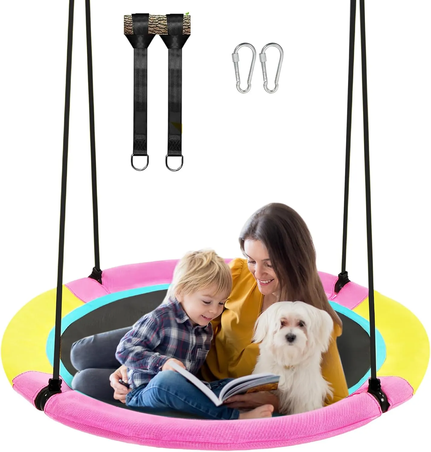 43 Inch Saucer Tree Swing for Kids Outdoor, Textilene Fabric Tear & UV Resistant Waterproof, Round Disc Circle Swings with Adjustable Hanging Straps, Swing-Set for Backyard Garden, Pink