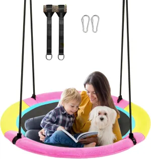 43 Inch Saucer Tree Swing for Kids Outdoor, Textilene Fabric Tear & UV Resistant Waterproof, Round Disc Circle Swings with Adjustable Hanging Straps, Swing-Set for Backyard Garden, Pink