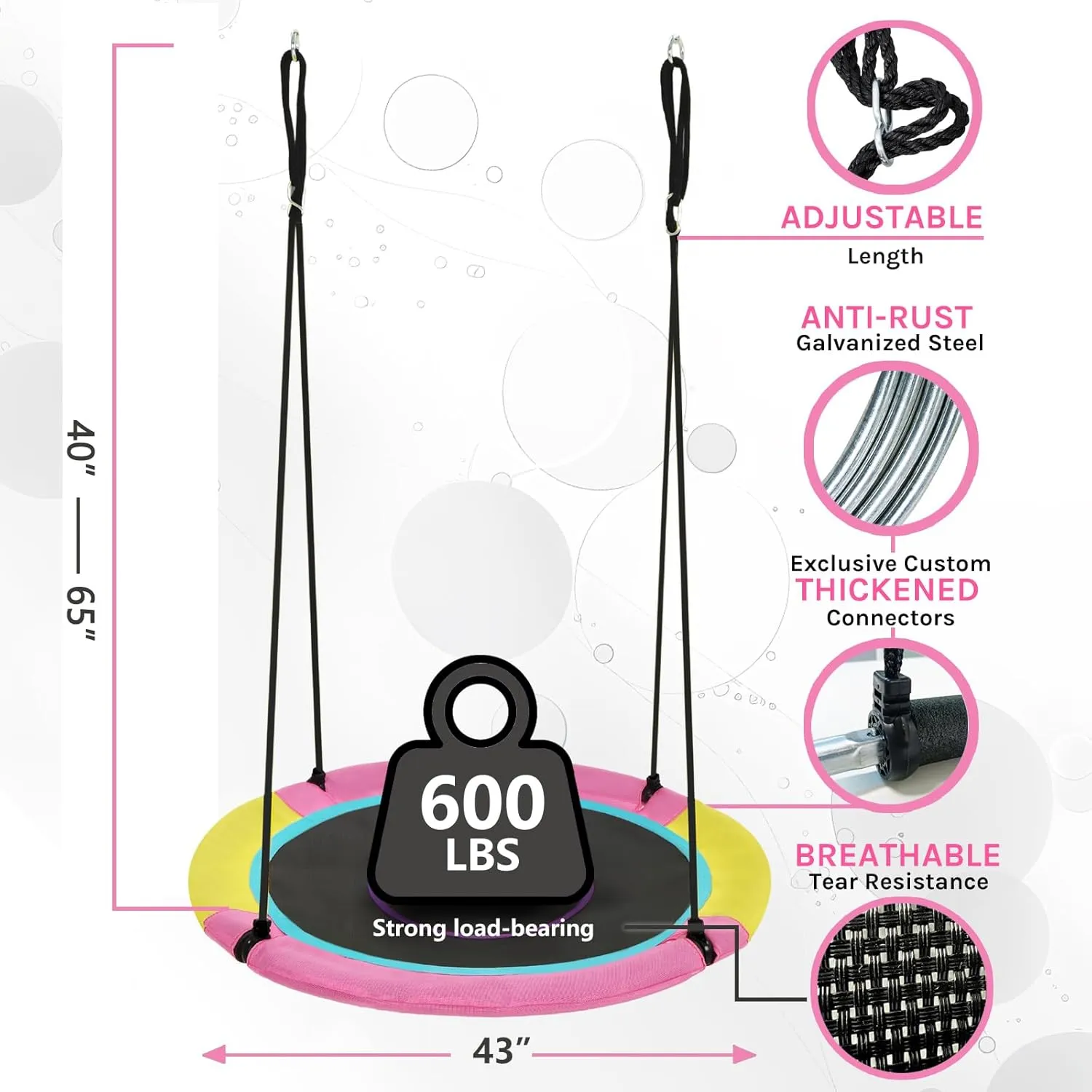 43 Inch Saucer Tree Swing for Kids Outdoor, Textilene Fabric Tear & UV Resistant Waterproof, Round Disc Circle Swings with Adjustable Hanging Straps, Swing-Set for Backyard Garden, Pink