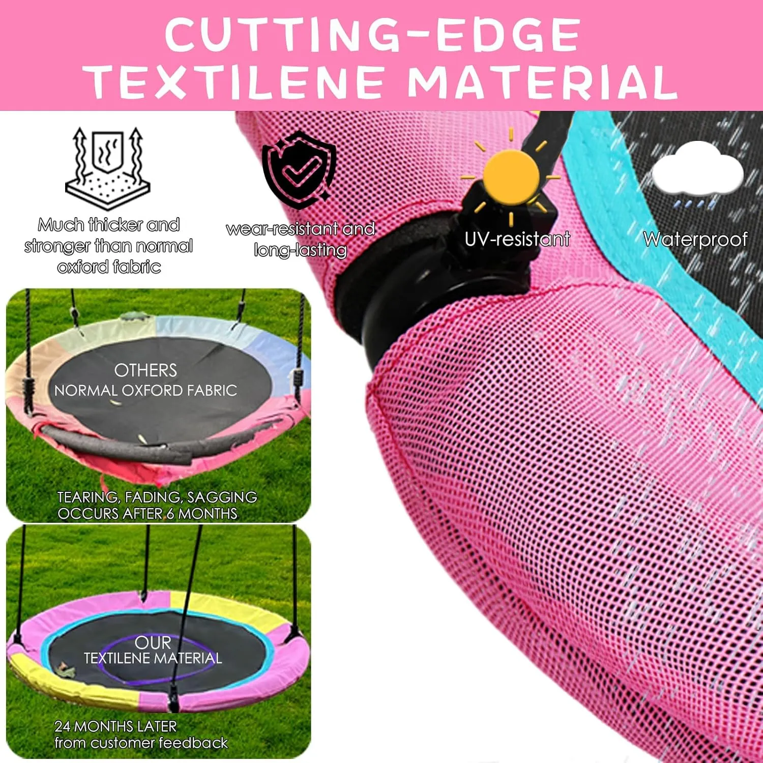 43 Inch Saucer Tree Swing for Kids Outdoor, Textilene Fabric Tear & UV Resistant Waterproof, Round Disc Circle Swings with Adjustable Hanging Straps, Swing-Set for Backyard Garden, Pink